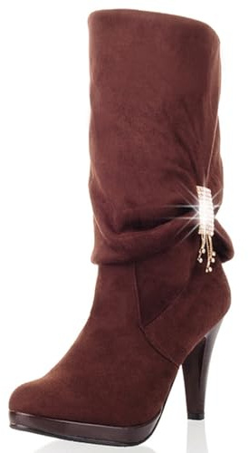 Gicoiz Femme Elegant Aiguille Talons Hauts Bottes Mi-Mollet Suède Plateforme Bottes Bout Rond Knee High Hiver Classique Slouch Bottes de Soirée Marrón Taille 39 EU-40Cn
