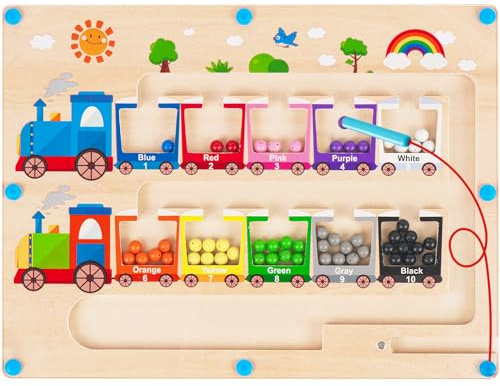 Montessori Magnetic Color and Number Maze for 2-5 Years Old - Wooden Magnetic Balls Board Puzzles, Learning Gifts for Toddlers, Kids, Boys and Girls