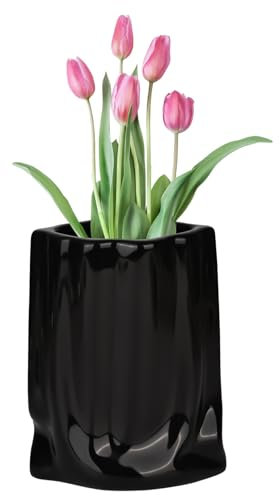 bssmmai Vasi in ceramica nera piccolo vaso 18 cm per la moderna decorazione del soggiorno, vaso per fiori per tulipani, vaso in ceramica rustica, decorazione da tavolo, nero