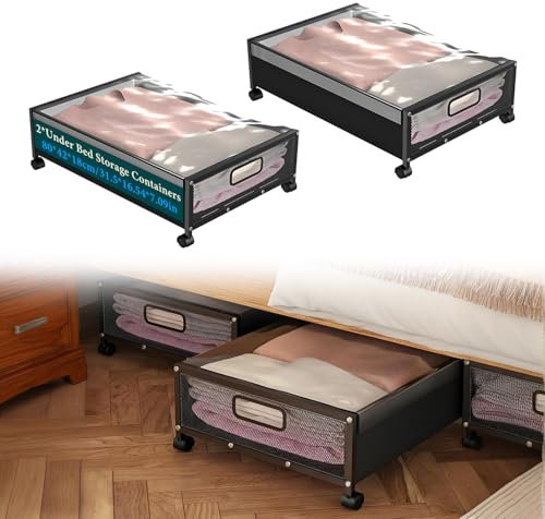 aichilra 2 contenitori sotto il letto con ruote, cassettiera sotto il letto, contenitore con supporto in metallo, coperchio diviso, 80 x 42 x 18 cm, per vestiti, coperte, giocattoli, scarpe