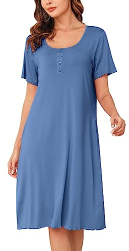 Vlazom Women's Nightdress, Ladies Soft Nighties U-Neck Nightshirts Short Sleeve Sleep Dress Nightgown Sleepwear UK 6-24