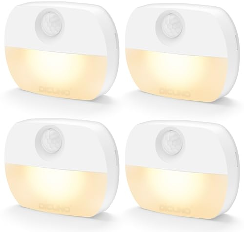 DiCUNO Motion Sensor Night Light, Stick-on Battery-Operated Lights, AUTO/ON/Off LED Indoor Wall Lights for Stairs, Cupboard, Wardrobe, Shelf, Toilet, Warm White 3000K, 4 Pcs