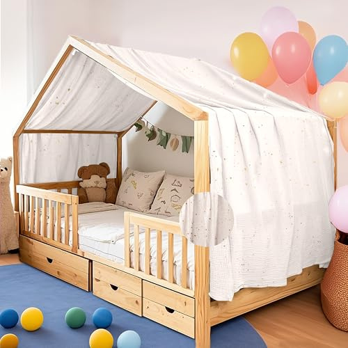 FloraVigo Home - Funda nórdica con apliques dorados, hecha a mano, 100% muselina de algodón, dosel de tela para decoración de cama de casa, adecuada para niñas y niños (blanco, 132 x 420 cm)