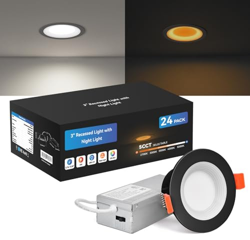 CycevSun Black 3 Inch LED Recessed Lights Switchable Night Light & Main Light, 5 Color Temperatures 2700K-5000K, Dimmable Canless Wafer Light Downlight for Cozy Home Lighting, 6W/2W, ETL, 24 Pack
