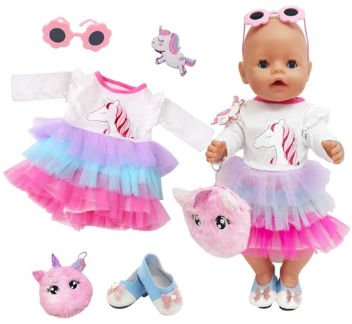 WanderGo Ropa para muñecas de bebé de 35 a 43 cm, 5 piezas con 1 vestido de muñeca + bolsa + gafas de sol + 1 par de calcetines + 1 pinza para el pelo, ropa para muñecas de 35 a 18 pulgadas (sin