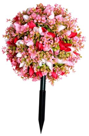 PawwJoy Estaca de jardín de flores violetas artificiales de 24 pulgadas, arbustos verdes artificiales con picos de tierra para decoración de patio al aire libre, rojo y rosa, 16 pulgadas