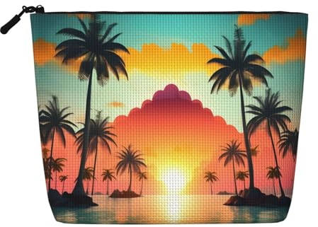 Sunrise Tropical Palm Tree Island Print Fake Hemp Makeup Bag,Makeup Bag,Travel Bag Pouch,Toiletry Bag with Zipper