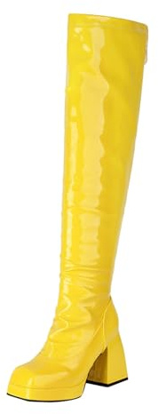 Generisch Niñas 30 Botas de cuero de invierno Suela gruesa Cuadrada Tacón grueso Tacón alto Cremallera trasera Botas sobre la rodilla para mujer Botas finas Botas de mujer Zapatillas, amarillo, 42 EU
