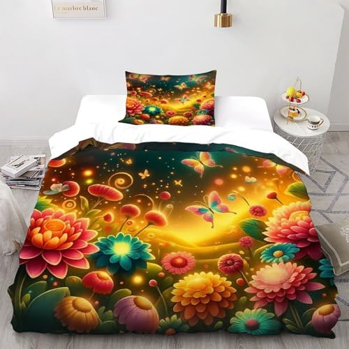 flors Butterflies Juego De Ropa De Cama Tamaño King Flor Bed Bedding Funda De Edredón 2 Piezas -Incluye 1 Fundas De Almohada(50 * 75),Single（135x200cm）
