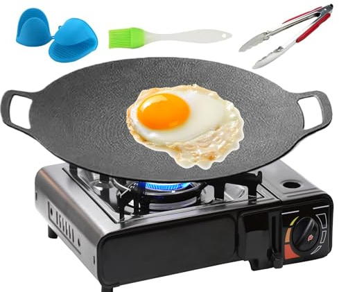 Sartén Grill Coreana - Fer 28/32/38 cm | Sartén para parrilla de hierro fundido para estufa con asas con utensilios para barbacoa, cepillo, guantes, pinzas, filetes, mariscos, verduras, panqueques, ca