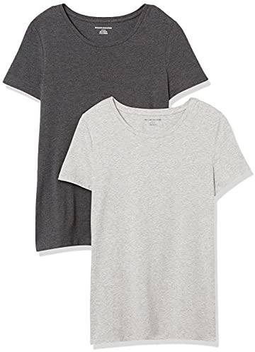 Amazon Essentials Women's Regular-Fit Short-Sleeve T-Shirt (V-Neck or Crewneck), Cotton Modal Blend, Pack of 2, Charcoal Heather/Light Grey Heather, Large