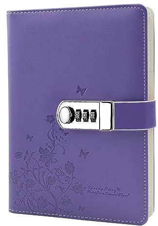 NectaRoy Journal en Cuir PU écriture Carnet, Taille Quotidien Relié Avec Serrure à Combinaison Serrure Mot de Passe Bloc-notes, Papillon et Motif de Fleurs Cahier, 210x145mm