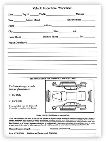 Vehicle Inspection Worksheet (Car Dealer Service Body Shop Form) (1 Pad of 100)