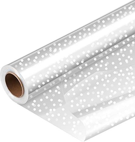 iLovepaper Klare Geschenkfolie Transparent, große Größe 84CM x 35M, Folie Geschenkpapier Transparent, Durchsichtiges Geschenkpapier Cellophanfolie für Geschenkkörben, Strauß (Weiße Punkte)