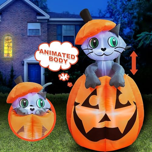 Joiedomi 5 FT Animated Pumpkin Inflatables, Outdoor Blow Up Cat On Pumpkin with LEDs for Yard, Outdoor Inflatable Halloween Decorations, Blow Up Halloween Decor for Outside