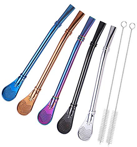 Yerba Mate Bombilla Stainless Steel Straw Loose Leaf Tea Infuser Dringking Spoons Filter Stirring Straws Pack of 5 with 2 Cleaning Brush