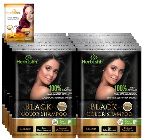 Herbishh Natural Hair Dye Shampoo with Argan Mask - Long-Lasting Color for Gray Hair - Travel Size, 10+1 Pack, Ammonia-Free (Black)