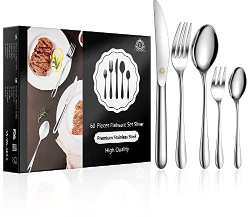 vancasso Cutlery Set for 12 People, 18/10 Stainless Steel Knife and Fork Sets, 60 Piece Flatware Set,Tableware Silverware with Knife/Dinner Spoon/Fork/Tea Spoon/Dessert Fork, Dishwasher Safe