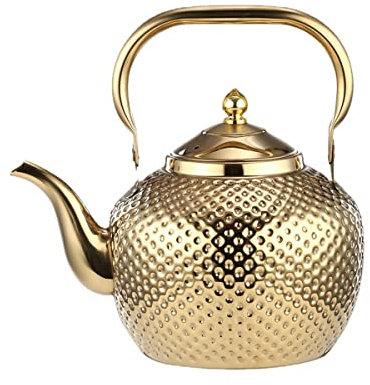 Verve Jelly 2L Stainless Steel Teapot With Lid, Stove-Top Coffee Pot, Durable Kettle With Filter, Tea Strainer for Loose Leaf and Blooming Tea, Gold, 8.9 * 9.1 * 9.1in
