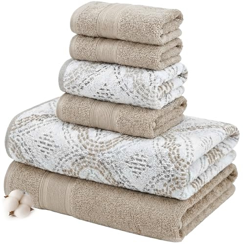 Modern Threads Capri 6-Piece Reversible Yarn Dyed Jacquard Towel Set - Bath Towels, Hand Towels, & Washcloths - Super Absorbent & Quick Dry - 100% Combed Cotton, Khaki