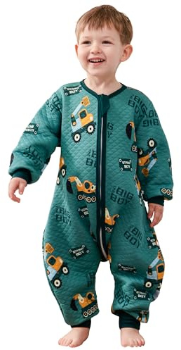 LILBESTIE Saco de dormir para niños pequeños, saco de dormir de algodón suave con pies, manta portátil de 1.5 TOG con saco de dormir de manga larga para todas las estaciones (excavadora, 12-24 meses)
