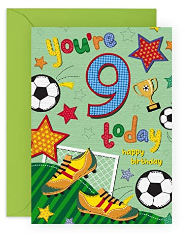 Central 30 - Tarjeta de felicitación de 9 cumpleaños para niños, diseño de fútbol de 9 años, 9 años, para hijo, niño pequeño, viene con pegatinas