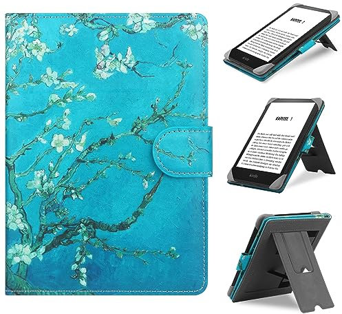 HoYiXi Universal Hülle Kompatibel mit 6-6.8 Kobo/Pocketbook/Tolino/Sony E-Book eReader Kindle Paperwhite/6 Neue Kindle 2022 & 2019/Kobo Clara HD/Kobo Clara 2E Leder Stand Schutzhülle, Blume