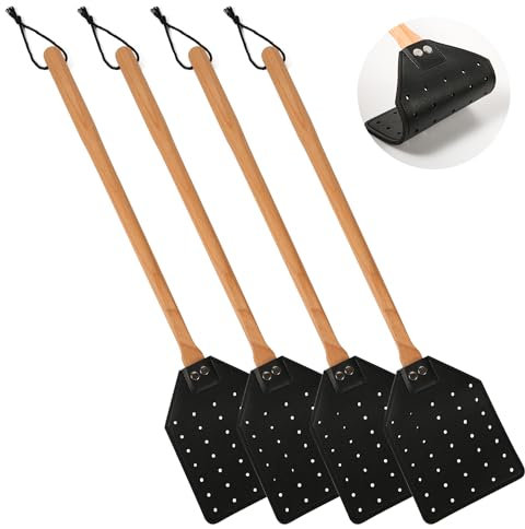 4pcs Fly Swatters, Leather Flyswatter Manual Heavy Duty Fly Swat with Long Wooden Handle Flyswat Squatter Hollow out Wasp Swatter for Home Indoor Outdoor Kitchen