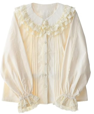 Cuteighteen Lolita Chemisiers à manches longues pour femmes Col Claudine Chemise victorienne Vintage en dentelle Habillés Hauts à volants Tendance Printemps, Crème/beige, Taille M