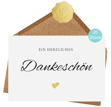 jenich 20 Stück Dankeskarten mit Umschläge & Sticker Dankeschön Karte Danke Karte A6 mit Naturkuvert thank you cards Kraftpapier Postkarte Abschied Karte ein kleines Dankeschön für Kollegen Hochzeit
