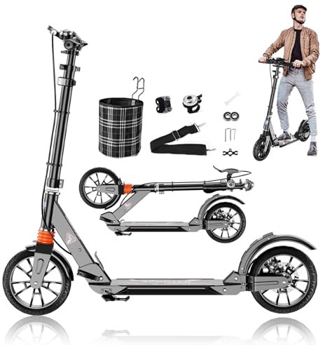 GHBXJX Cityroller Scooter Roller für Erwachsene bis 150kg Verstellbar Scooterm, ABEC 9, Robuste Konstruktion 200mm Räder Stoßdämpfende ShockResist -Technologie Hinterradbremse rutschfest,Schwarz