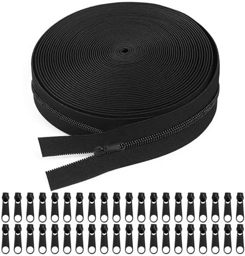 HavaCue 20m Reißverschluss Schwarz mit 40 Metall Zipper, 5mm Nylon Endlosreißverschluss mit Zipper, #5 Reisverschluss Endloses für Nähen Kleidung, Bettwäsche, Kopfkissen, Tasche