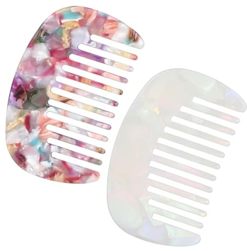 Ouligay Lot de 2 peignes à boucler multicolores - Petit peigne à dents antistatique - Peigne portable - Gros mini peigne à cheveux - Design sans poignée - Pour femme - Pour boucles et cheveux longs