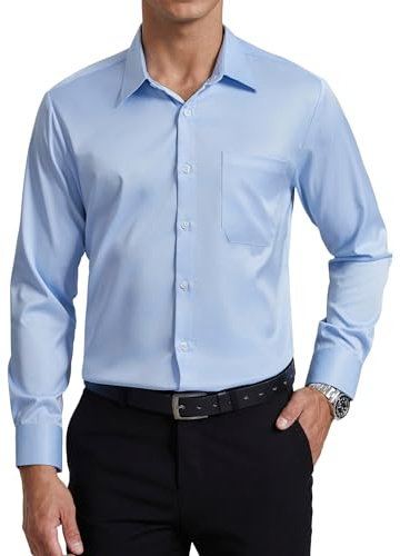 Enlision Camisa Azul Hombre Sin Plancha Elastica Manga Larga Camisas Vestir Ajuste Regular Negocios Oficina Formal Cuello con Botones y Bolsillo M