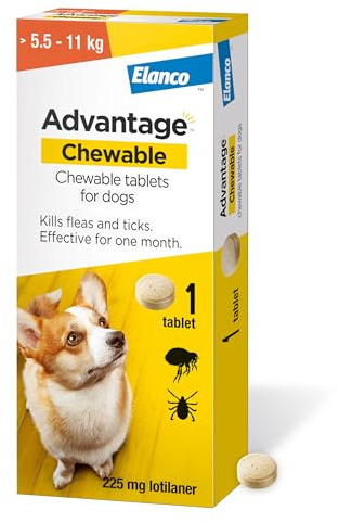 Advantage Chewable 225mg Chewable Tablets for Dogs >5.5-11kg (1 pack), Flea and Tick Treatment, Fast Acting Kills Fleas Within Hours, Prevention Lasts For A Month, Easy To Administer