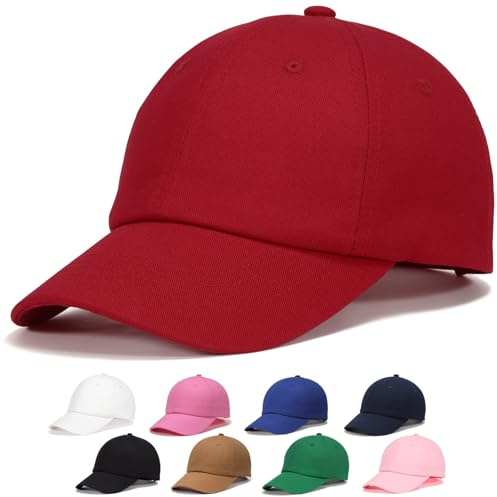 Kids Baseball Cap for Age 6-9,Adjustable Cotton Toddler Baseball Hat for Boys & Girls,Red
