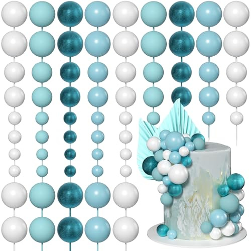 Xsstarmi Paper Palm Fan Cake Topper Decorations with Mini Balls Cake Pick for Baby Shower Wedding Bridal Shower Birthday Party DIY Cake Decorations Supplies Blue White