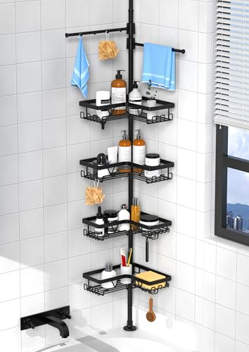 KEGII Estanteria Telescopica Baño con 2 Toalleros - Estanteria Ducha sin Taladro Estante Ducha Acero Inoxidable Estanteria Telescopica Ducha Esquinera, Altura Ajustable 63.5-290 CM, Negro