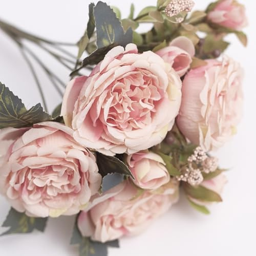 The Baked Studio - Silk Peony and Tea Rose Artificial Bouquet 9 Heads Realistic Fake Plant for DIY Craft Cake Living Room Home Wedding Decoration (PRETTY NUDE PINK)