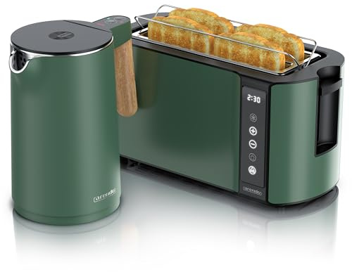 Arendo - Küchen Set - Edelstahl Wasserkocher mit Temperatureinstellung - Edelstahl Toaster Langschlitz 4 Scheiben Touchpanel – LED Display – Brötchenhalter - GS - grün
