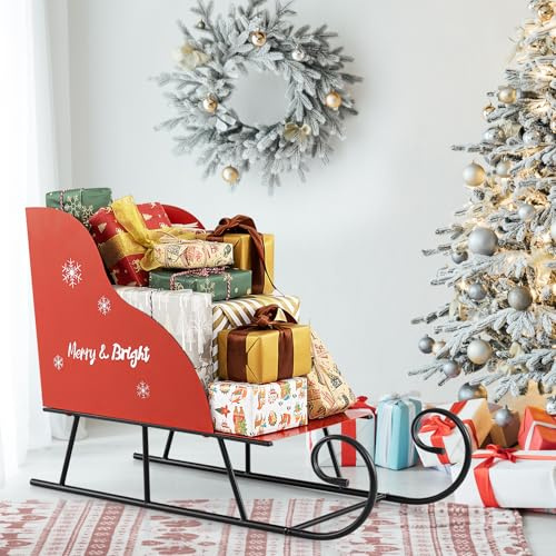 COSTWAY Slitta di Babbo Natale, Slitta di Babbo Natale in Metallo con Ampia Area di Carico per Regali, Decorazione Natalizia per Casa, Negozio e Ufficio (Modello 4)