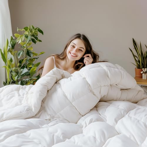 SANSWAN Full Size Winter Goose Down Feather Comforter, Breathable Heavyweight Hotel Duvet Insert, 100% Organic Cotton Cover, Ultra Soft & Warm, 82x86 Inch, White