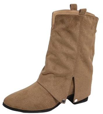 Generisch Botines de moda con abertura lateral de media pantorrilla media, botas cómodas con tacón grueso para ropa casual en invierno, caqui, 37 EU
