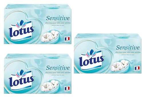 Lotus Sensitive – 240 Mouchoirs 4 épaisseurs pour un confort absolu – Blancs, doux et résistants – Fabriqués en France – Lot de 3 boîtes de 80