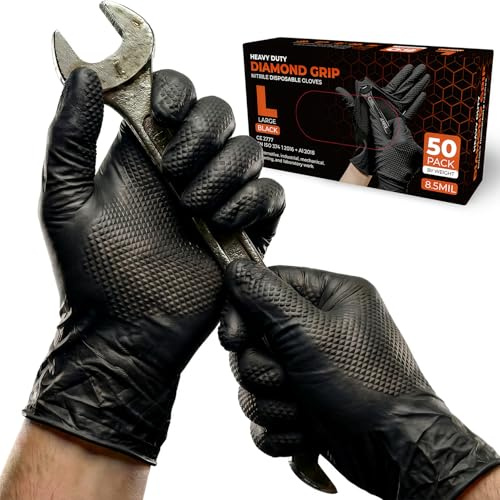 PRAIMA Mechanic Gloves, Diamond Grip Black Nitrile Disposable Gloves | Powder-Free, Latex-Free, Extra Thick & Strong Rubber Gloves for Work, Automotive, Industrial, and Cleaning Use (L, 50, count)