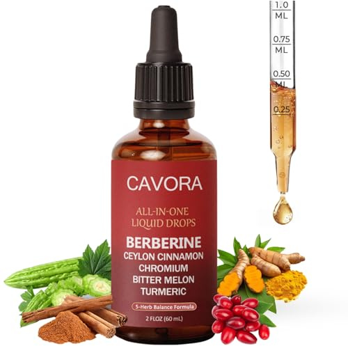 Cavora Ceylon Cinnamon Berberine Liquid Drops - with Bitter Melon Extract, Turmeric, Chromium, Gymnema, Organic Panax Ginseng & Moringa - Vegan, Non-GMO - 2 Fl Oz (60 ML) (1pc)