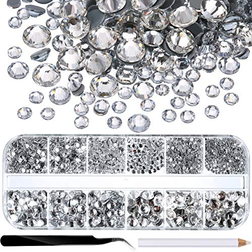 2000 Pezzi Strass di Vetro Flatback Hot Fix Rotondo Gemme di Cristallo 1.5-6 MM (SS4-SS30) nella Scatola di Immagazzinaggio con Pinzetta e Penna di Strass Scelta (Trasparente)