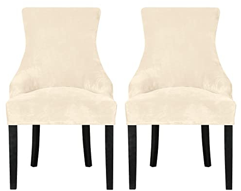 Leorate Dining Chair Covers Stretch Velvet Wingback Armchair Slipcovers Recliner Chair Protector for Kitchen Home Decor (Cream, Pack of 2)