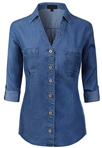MixMatchy Women's Casual Basic Roll Up Sleeve Denim Chambray V-Neck Tencel Button Down Shirt Medium Denim 1XL