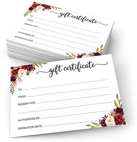 321Done Floral Gift Certificates, 4x6 White, Made in USA - Watercolor Roses Design, Fill-in Vouchers for Spa, Salon, Services, Small Business, Holiday, Birthday Coupon - 24 Cards